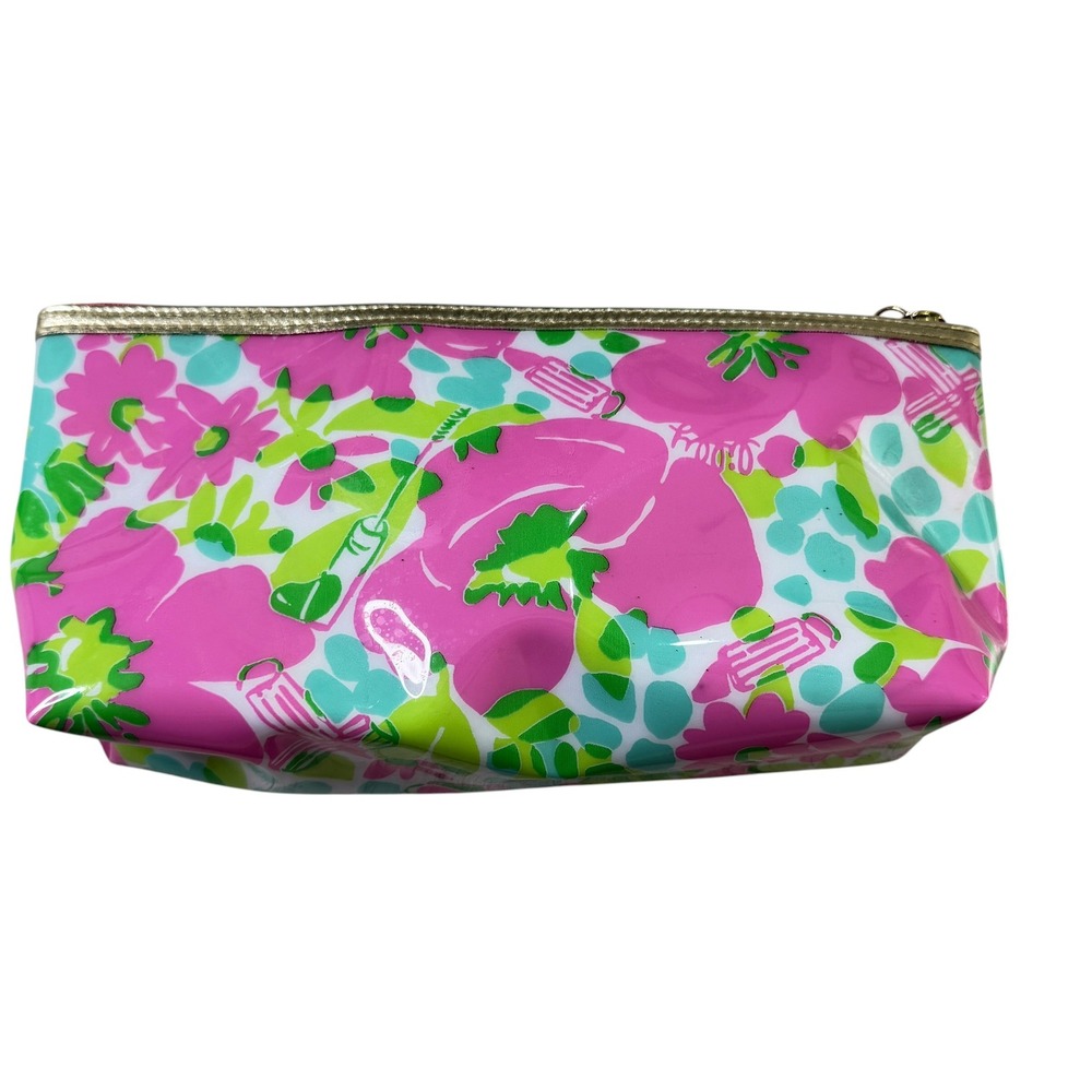 Lilly‎ Pulitzer For Estee Lauder Pink Floral Makeup Bag Cosmetic Pouch Gold Trim